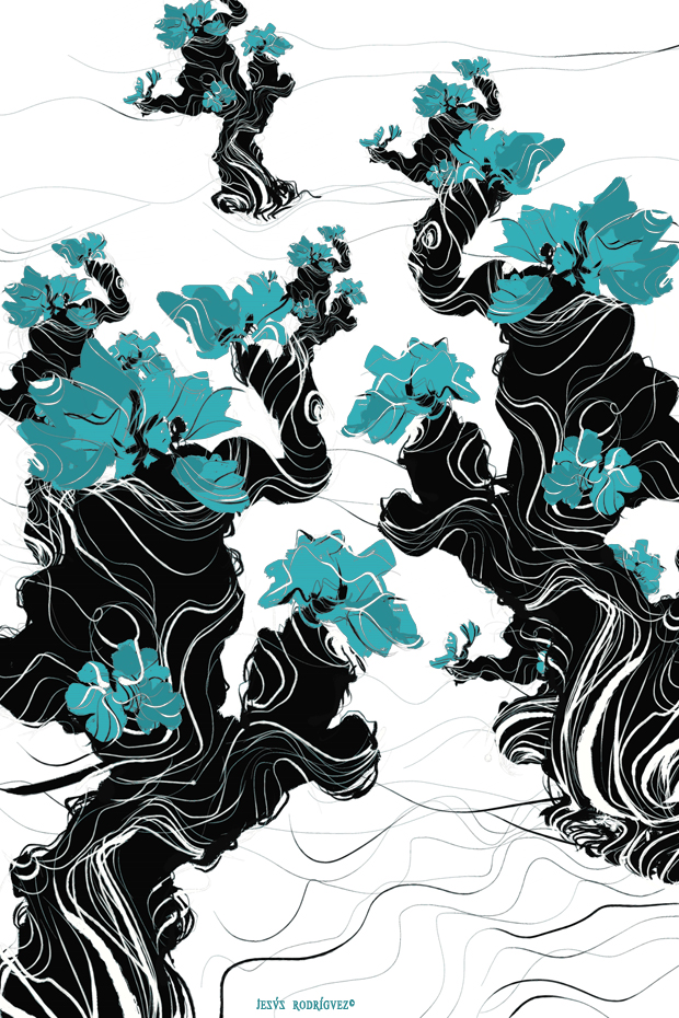 ilustración vides floreciendo en primavera con capullos azules sobre fondo blanco